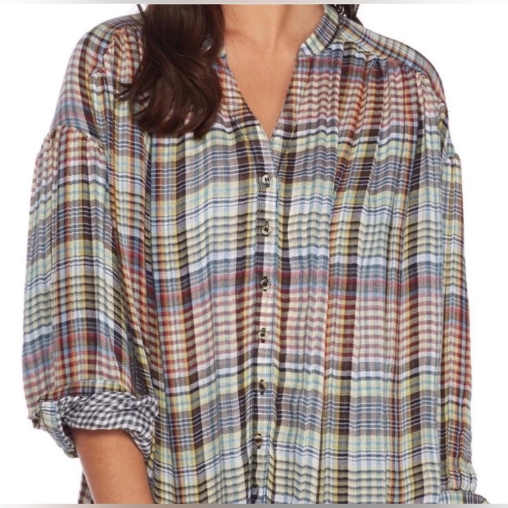 Free People‎ “Come On Over” Oversized Plaid Shirt Size XS